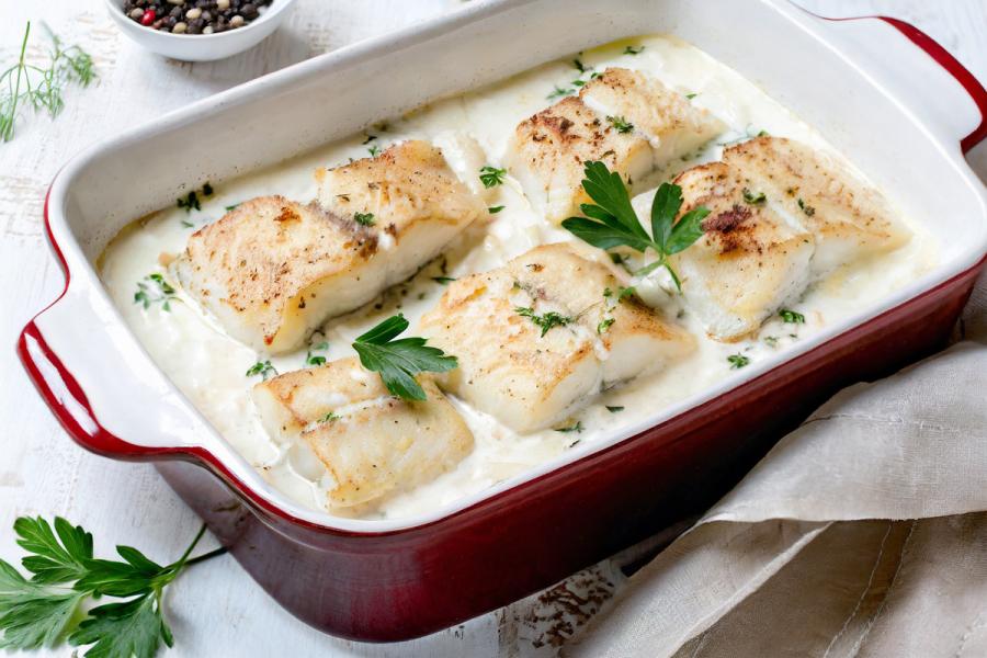 Five pieces of cod baked in milk, Nowergian style.